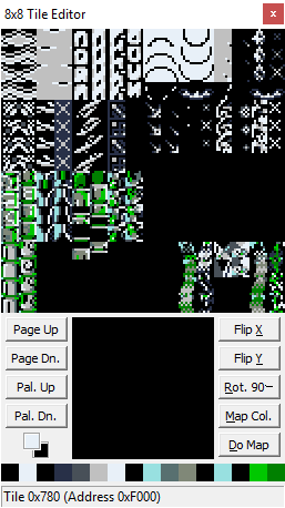 The actual rendering of the tiles, starting from 0x780, in the 8x8 Tile Editor window. As explained earlier, the gaps from the above screenshot of ExGFX405, are cut out